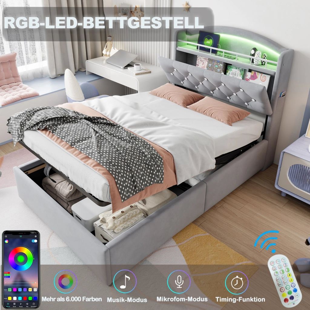 Letto imbottito per bambini 90x200 cm con LED, USB e contenitore