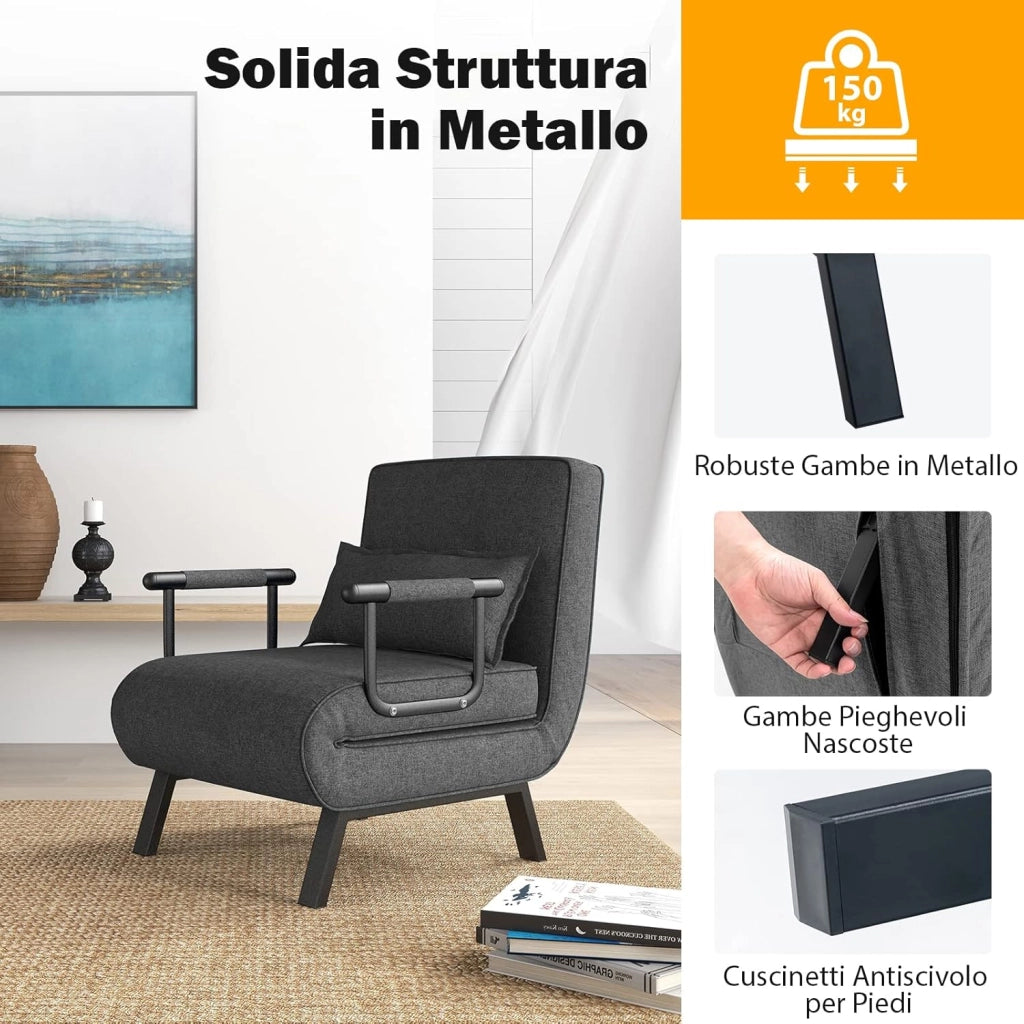 4 in 1 Poltrona Letto Singolo, Poltroncina Pieghevole con Schienale Regolabile in 6 Posizioni, Sedile Imbottito Robusto, Divano Letto per Casa Ufficio, 79x65x79 cm (Grigio scuro)