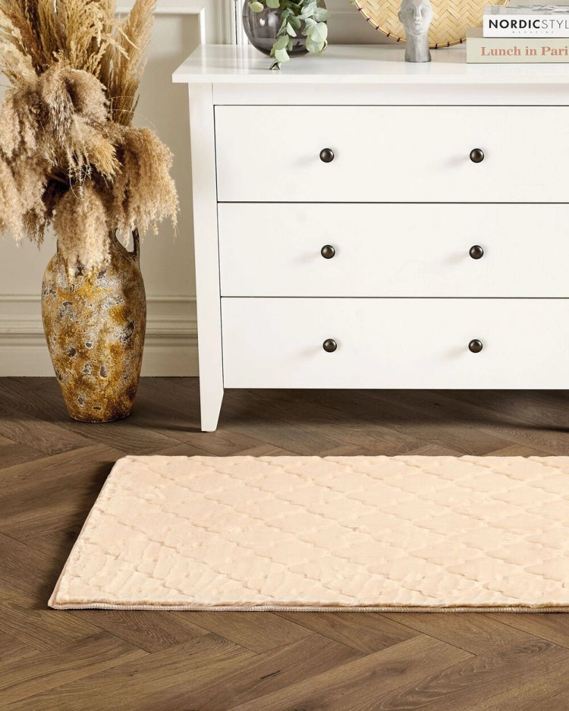 Tappeto in pelle sintetica di coniglio beige 80 x 150 cm motivo a rete soggiorno camera da letto