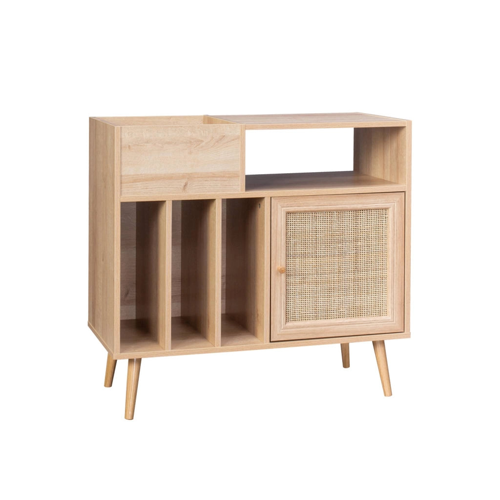 Mobile per vinili con decorazioni in canna e legno, marrone naturale