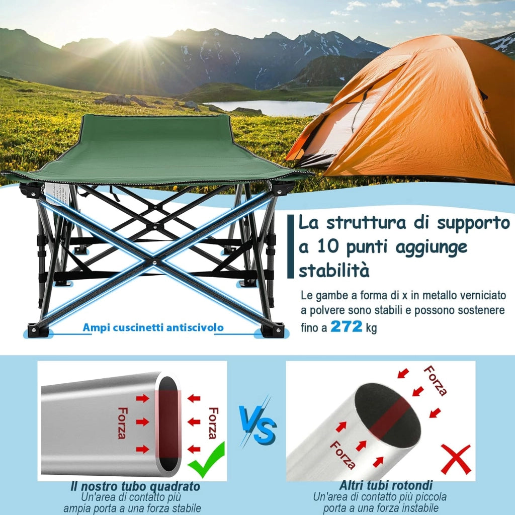 Brandina da Campeggio Pieghevole, Letto Portatile con Poggiatesta Inclinato, Tasca Laterale e Borsa di Trasporto, Branda Campeggio per Backpacking, Ospiti e Pesca, Portata 272 kg