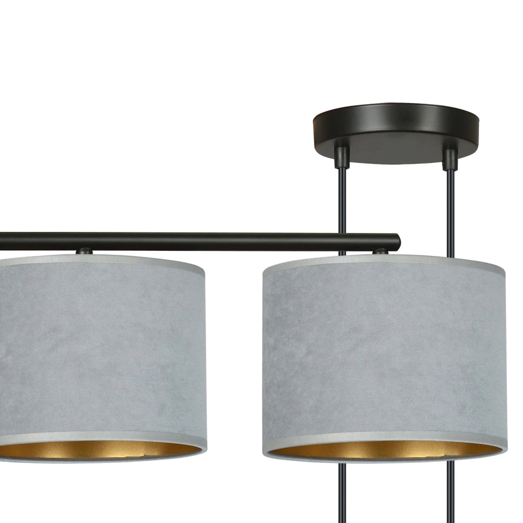 Lampadario 4 Luci Ganesha In Acciaio Nero E Paralumi In Tessuto Grigio