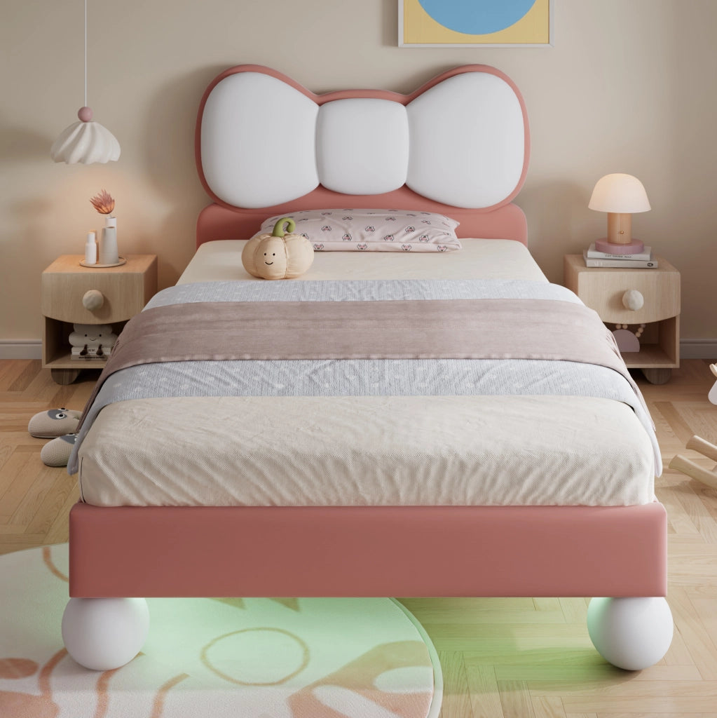 Letto singolo imbottito per bambini 90x200 cm con testiera a fiocco e luce LED