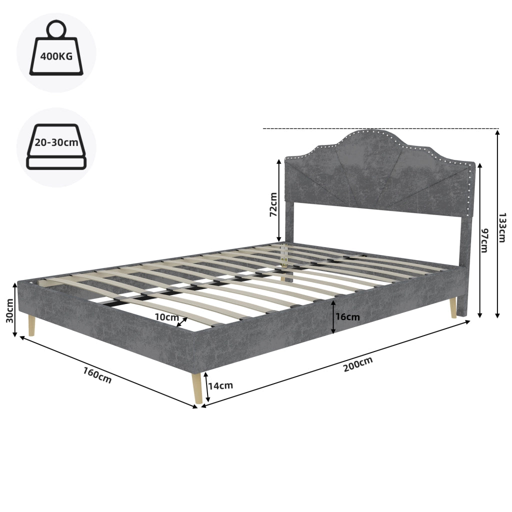 Letto Matrimoniale 160x200 cm con Testiera Geometrica; in Tessuto e Metallo; Grigio