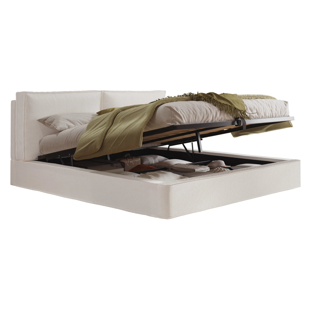 Letto imbottito 180x200 cm con contenitore idraulico e testiera in bouclé beige
