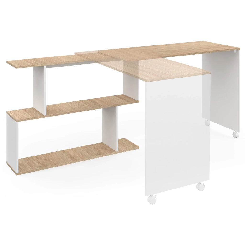 IDMarket - JOY Scrivania angolare girevole a 180° Scaffale a S in legno effetto faggio e bianco