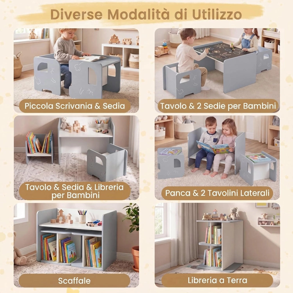 Set Tavolo e 2 Sedie per Bambini, Tavolo e Sedie Salvaspazio per Bambini 3+ Anni con Lavagna per Disegnare e Piedini Antiscivolo, per Camerette, Soggiorno e Studio (Grigio)