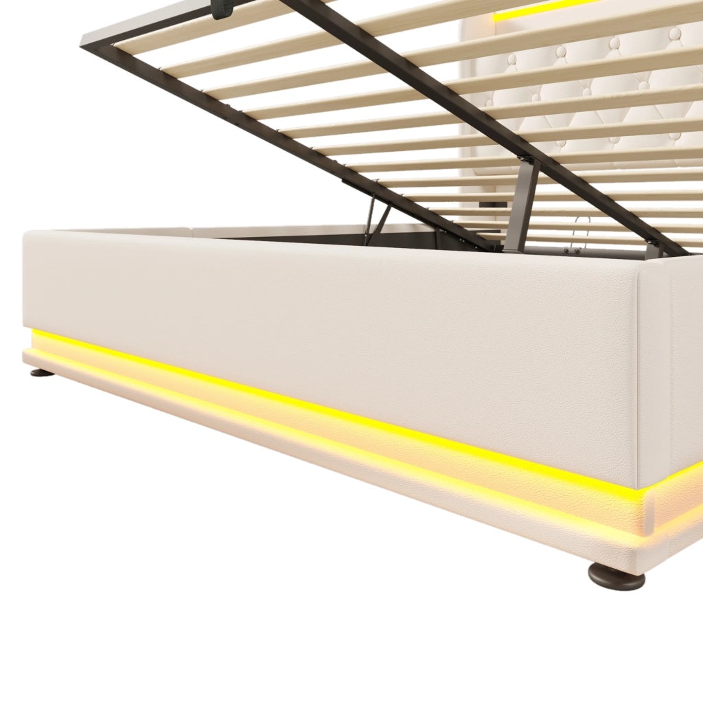 Letto matrimoniale imbottito 140x190 cm in PU bianco con LED; contenitore idraulico e USB Tipo-C
