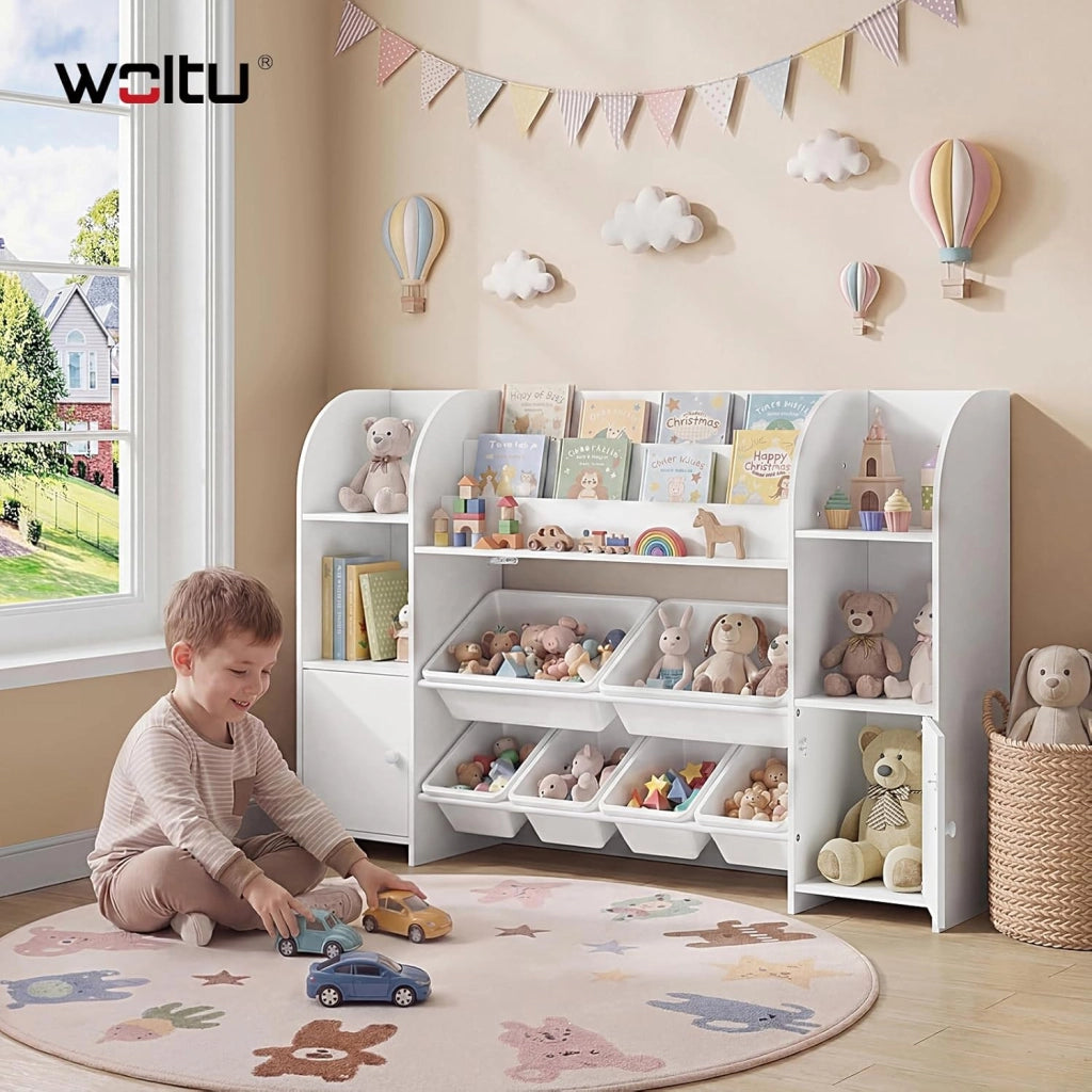 Libreria Montessoriana per Bambini, Scaffale con 2 Armadietti e 6 Contenitori Rimovibili in Plastica, per Cameretta e Soggiorno, in Legno, 135,8x29,8x90 cm, Bianco