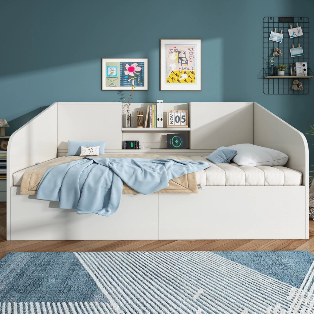 Letto da giorno 90x200 cm bianco in legno con contenitore; 2 ripiani e porta USB