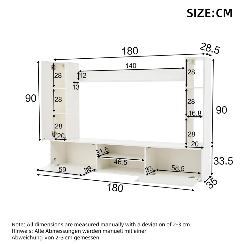 Set parete TV con ampio spazio contenitivo in truciolare bianco