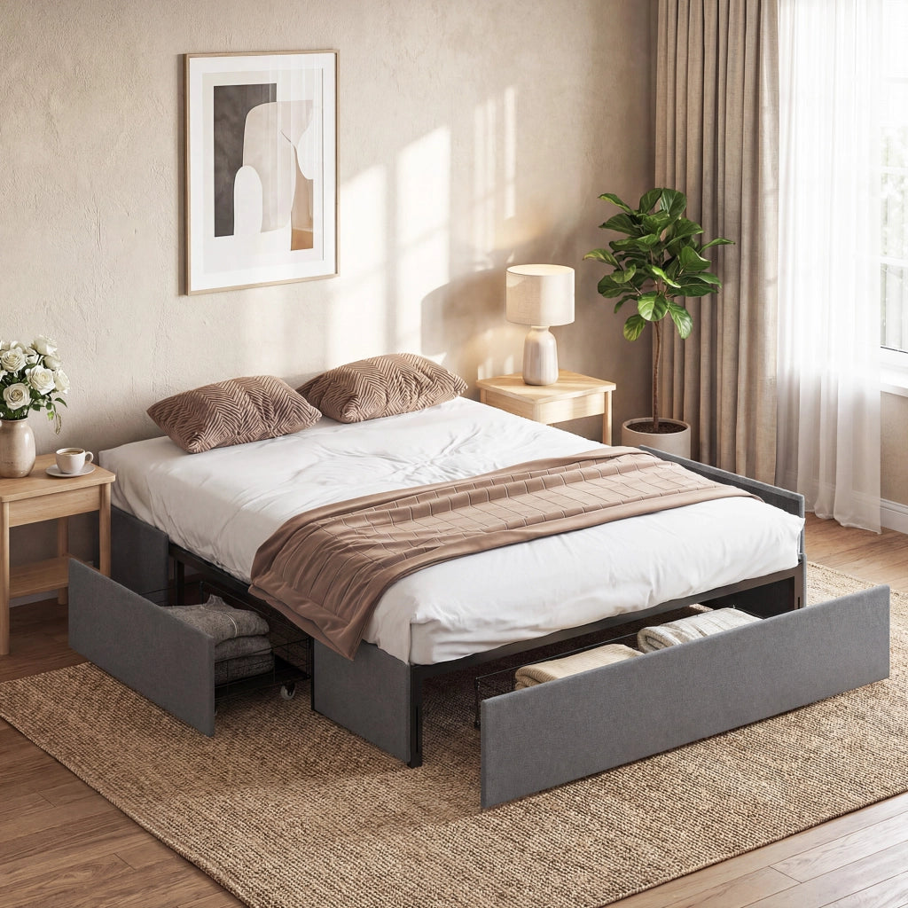 Letto Matrimoniale Contenitore in Legno con Doghe e Cassetti ¨C Zephmum ¨C Grigio 165x193x30 cm