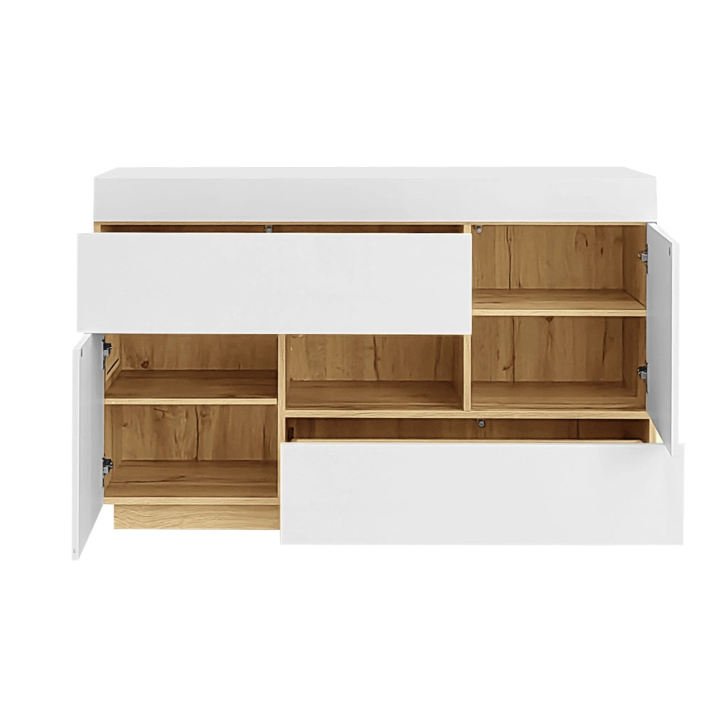 Madia con 2 Ante; 2 Cassetti e 1 Vano a Giorno; LED 16 Colori con App; Bianco Lucido ed Effetto Legno; 120??37??76;5 cm