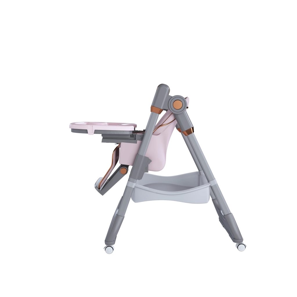 Seggiolone pappa pieghevole regolabile con vassoio e ruote bloccabili per bambini polipropilene e acciaio rosa 53×31×52 cm