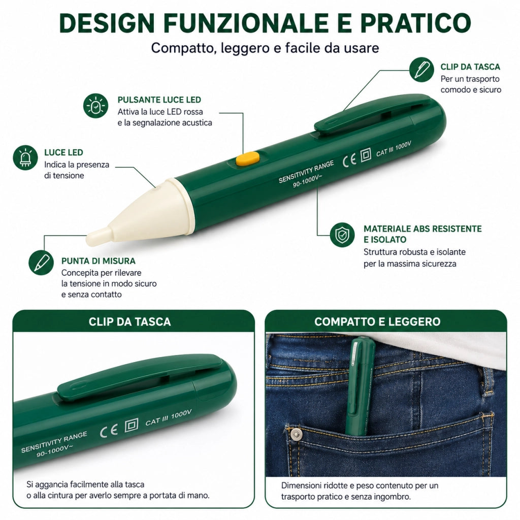 Tester di Tensione Penna Senza Contatto AC 90-1000V Torcia LED Allarme VHT02265