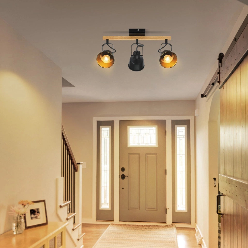ZMH Faretto da Soffitto Vintage 3 Lampade Nero 25W Attacco E14 Industriale Venatura Legno per Soggiorno Senza Lampadine