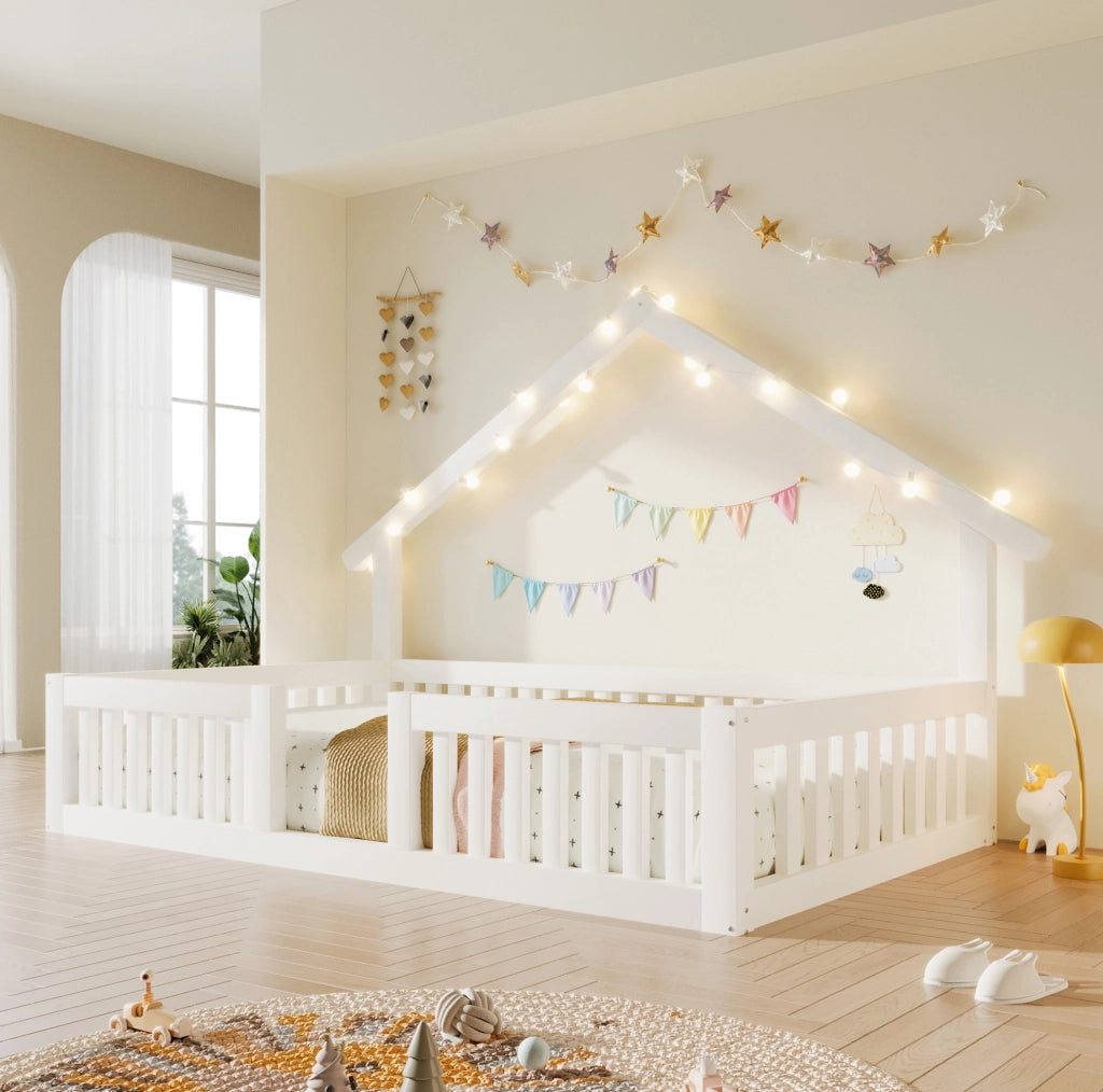 Letto a casetta per bambini con barriera di sicurezza e luci LED; 90 x 200 cm; bianco