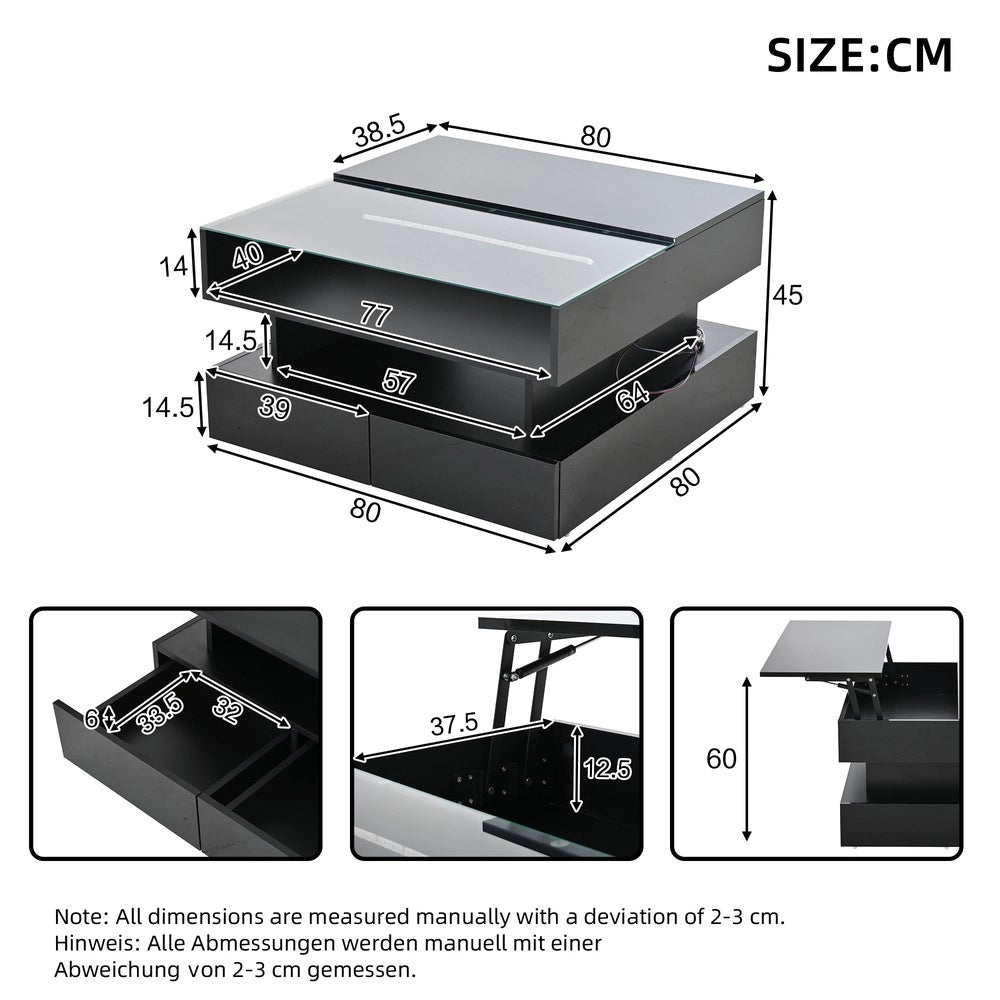 Tavolino da Caff¨¨ con LED e 2 Cassetti ¨C MINIMAL ¨C Vetro Temperato, Nero, 80x80x45