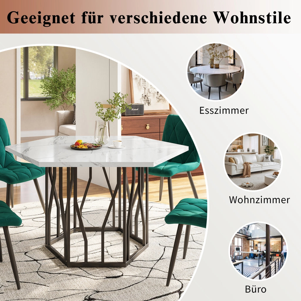 Tavolo da pranzo per 4 persone con 4 sedie in velluto, stile moderno, struttura in acciaio, nero e grigio, 115,5 × 100 × 75 cm