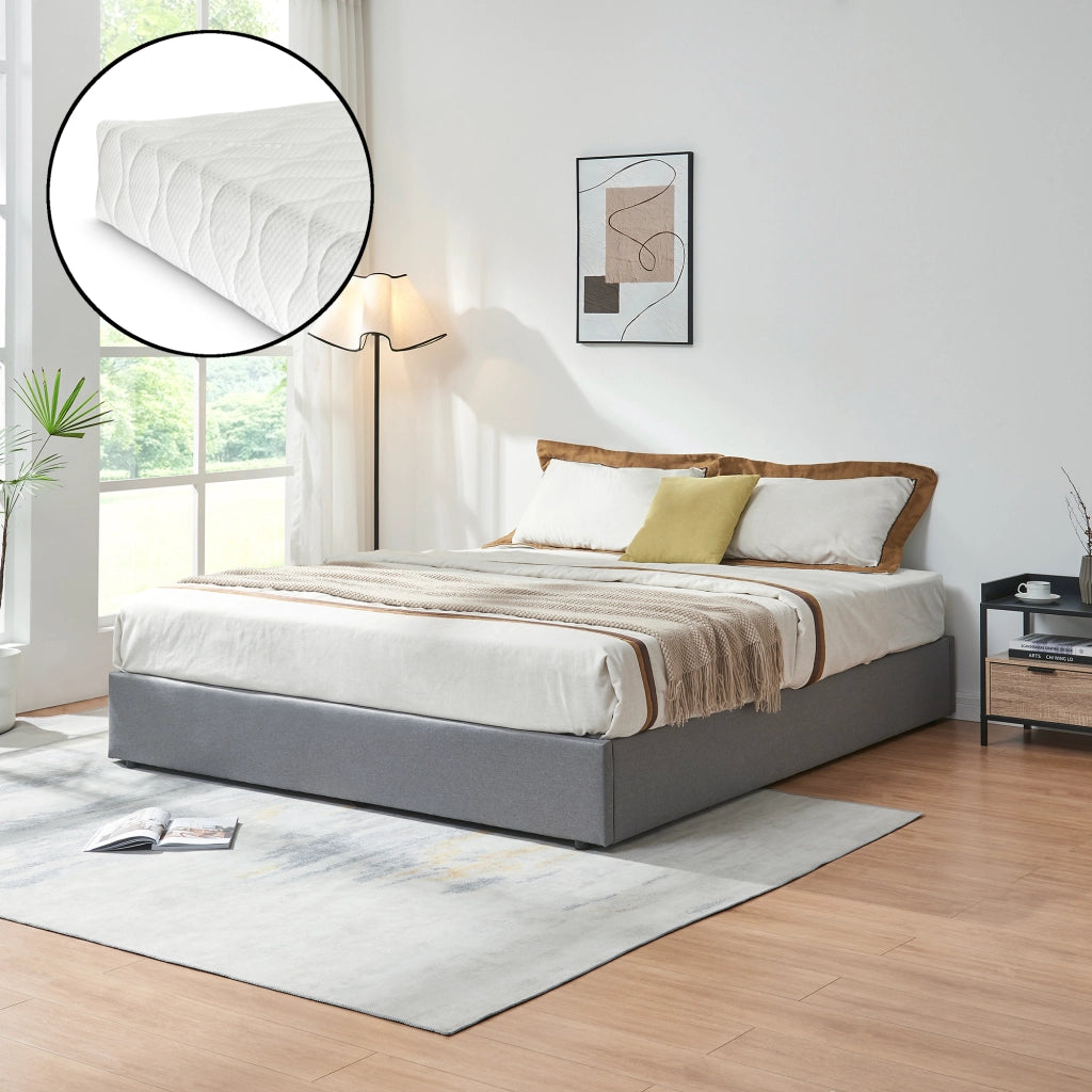 Letto Matrimoniale Contenitore Nola 160x200 cm con Materasso Apertura a Ribalta Rivestito in Tessuto Lino - Grigio [en.casa]