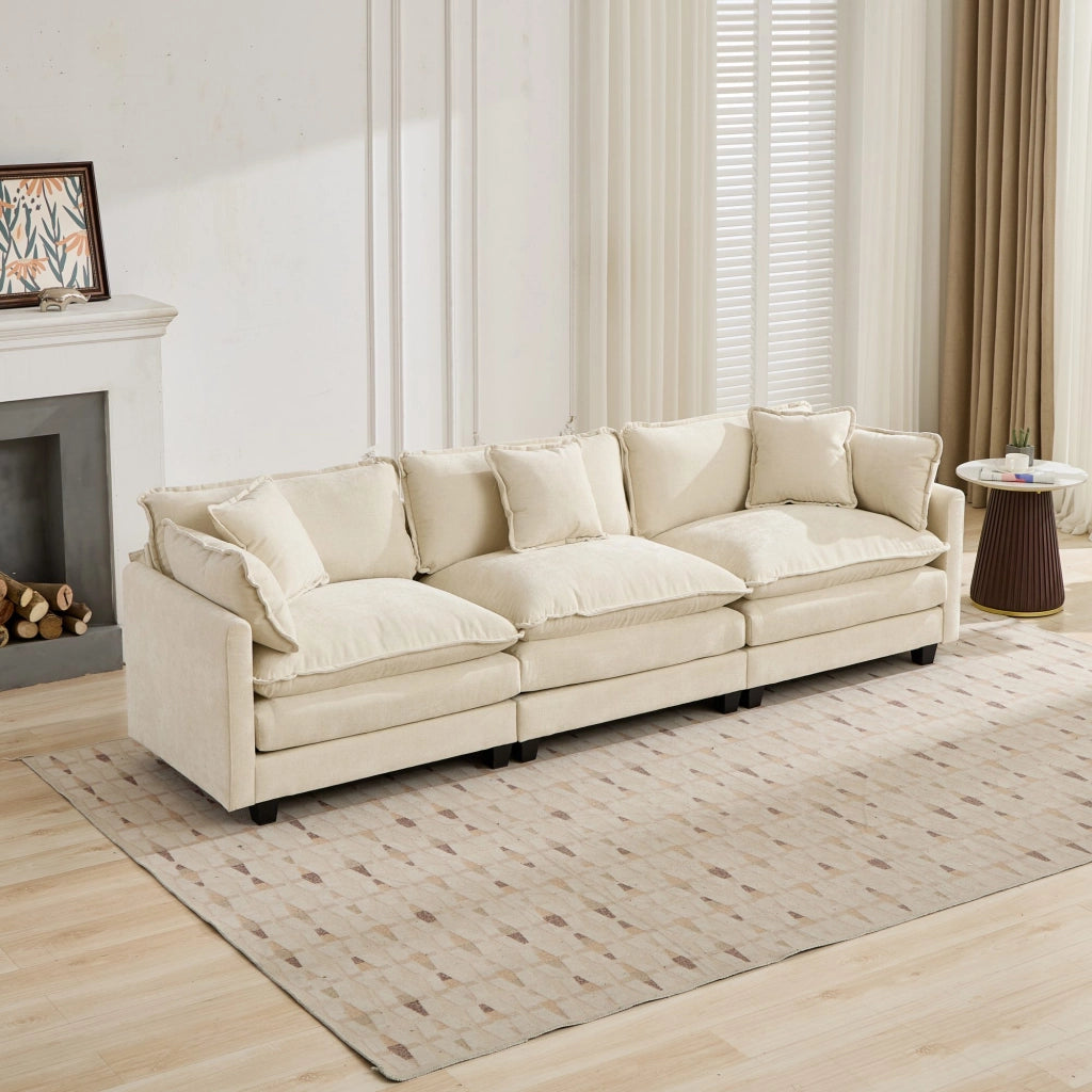 Divano 3 Posti in Tessuto Chenille ¨C MINIMAL ¨C Beige, Cuscini Imbottiti, Morbido