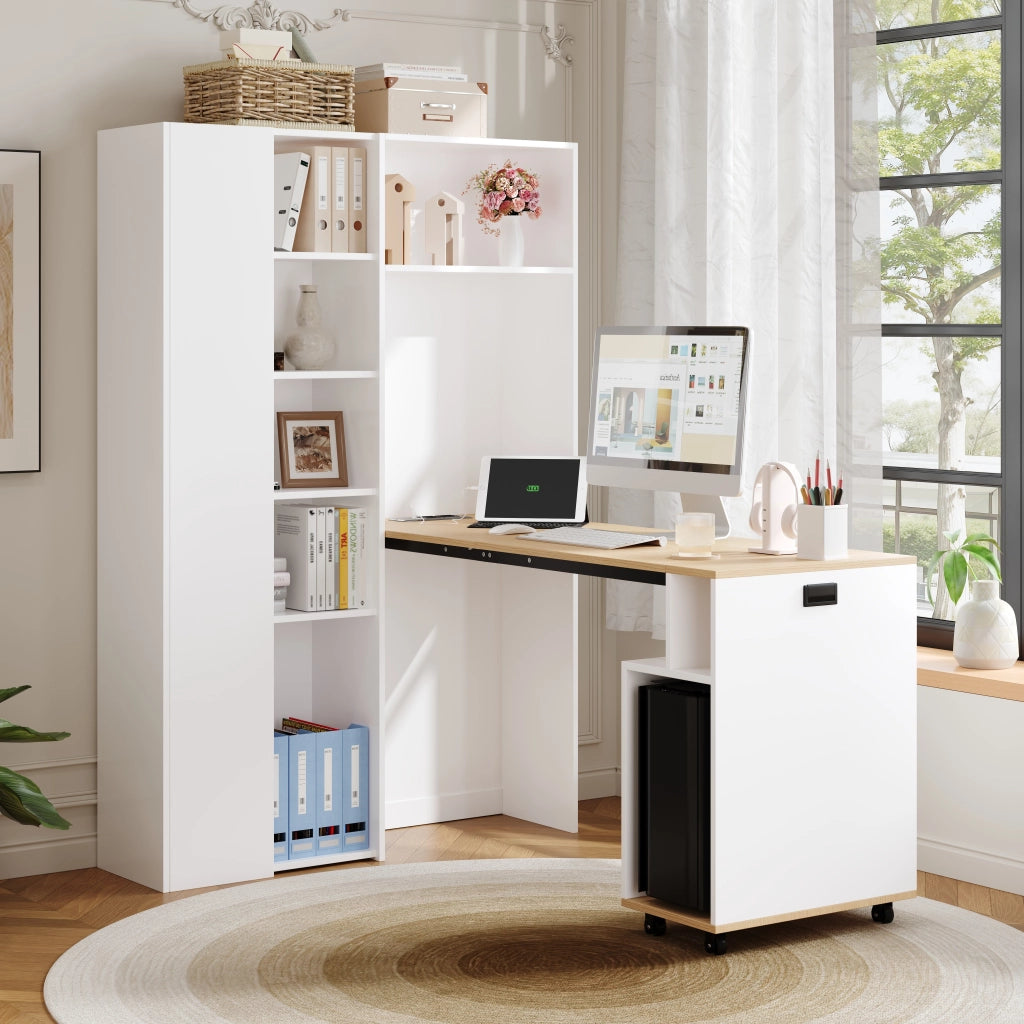 Scrivania pieghevole 2 in 1 con libreria, presa EU e USB, bianco, MDF, 104,5 × 30,5 × 160 cm