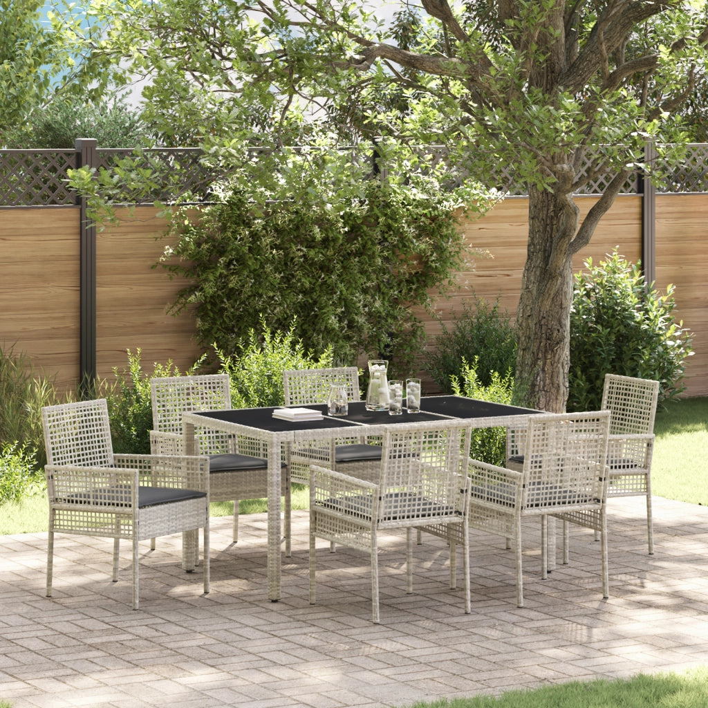 Set da pranzo da giardino 7 pezzi con cuscini grigio chiaro in polyrattan