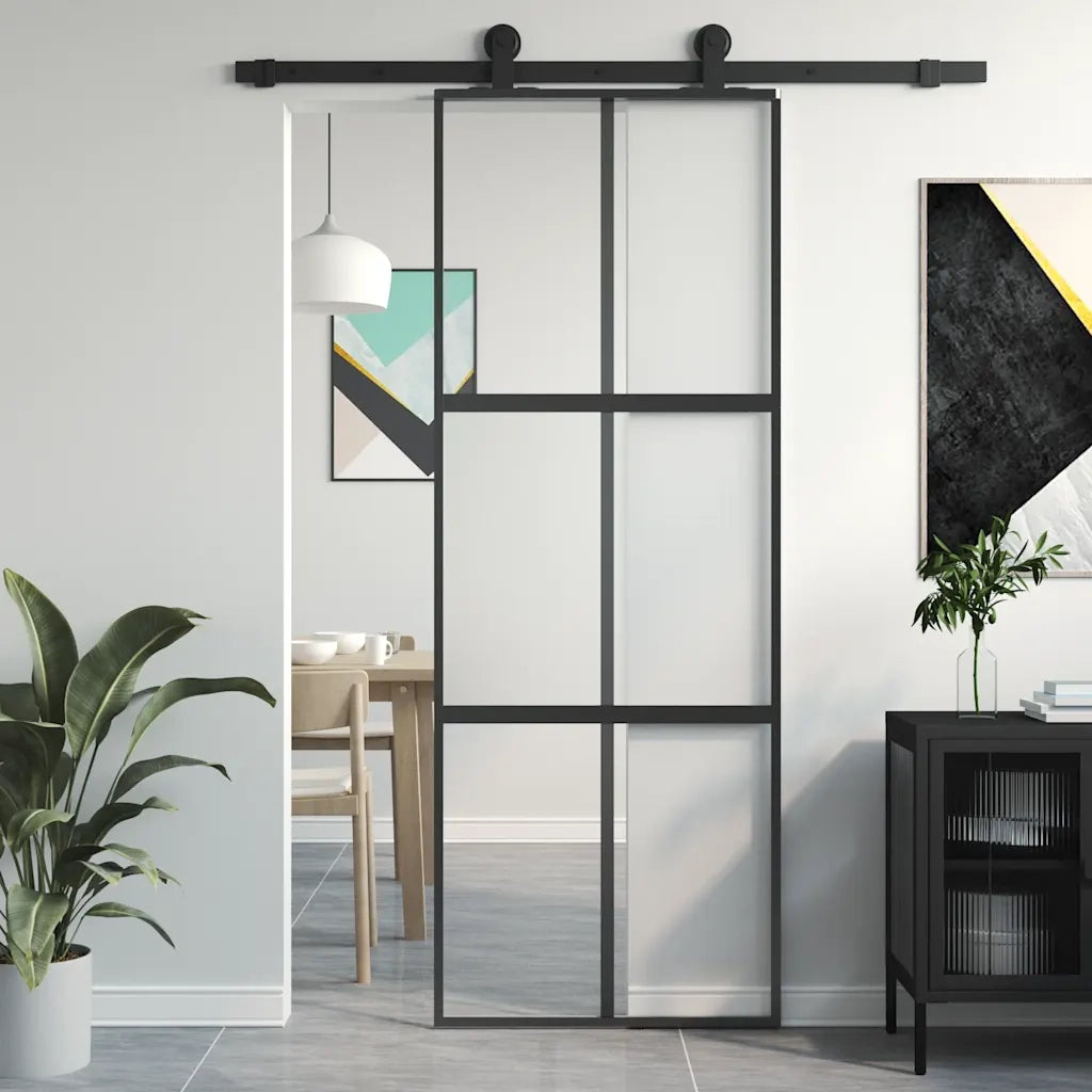 Porta Scorrevole Nera 76x205 cm in Vetro Temperato e Alluminiocod mxl 107776