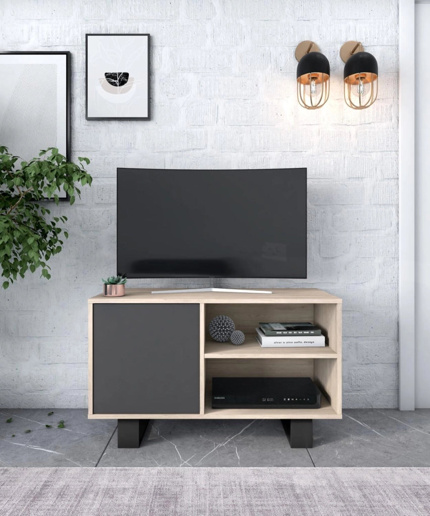 Mobile per Soggiorno e Sala da Pranzo composto da 1 Mobile TV100 e 1 Tavolino colore Rovere e Grigio con Gambe Nere RF1124