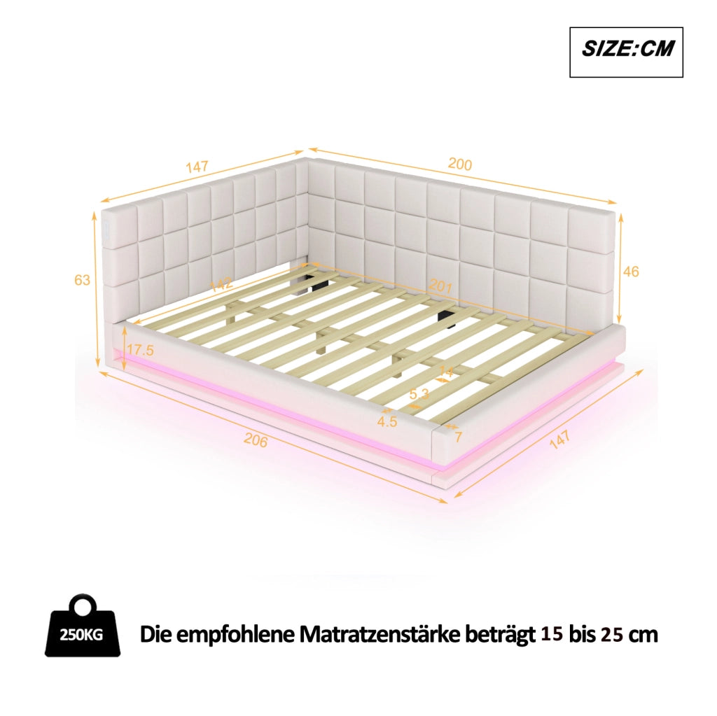 Divano letto imbottito 140x200 con LED, USB e rete a doghe
