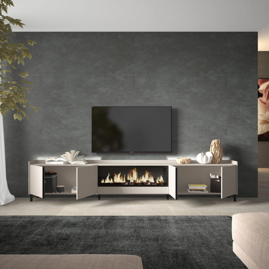 Mobile TV Soggiorno, 315x61x35 cm, Per TV fino a 80", Camino elettrico XXL, Design industriale, LED, Beige