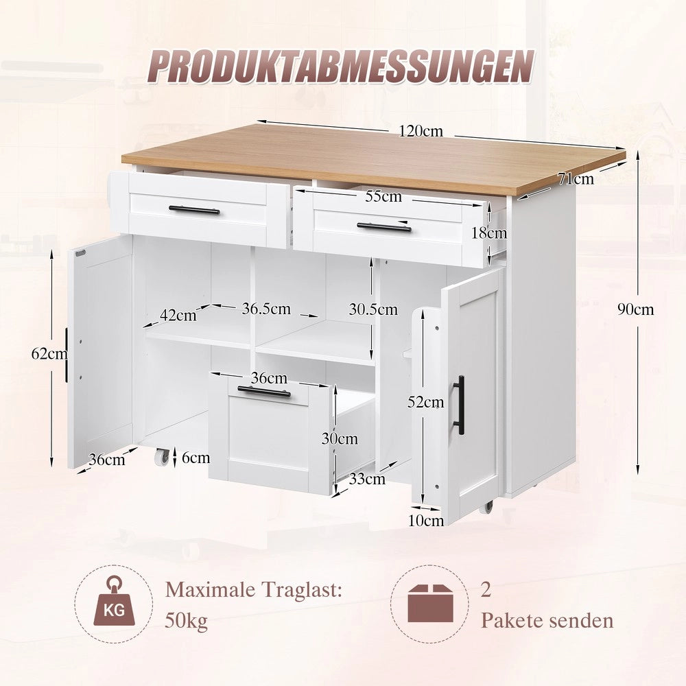 Carrello da Cucina con Cassetti, Ripiano Pieghevole e Ruote 360¡ã ¨C Xylo ¨C Legno, Design Moderno
