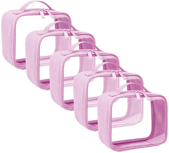 Set di 5 contenitori di toilette trasparenti, contenitori per prodotti personali, borse per cosmetici trasparenti per signore e signori, contenitori per bagaglio a mano per liquidi in aereo, contenitori di toilette trasparenti, rosa
