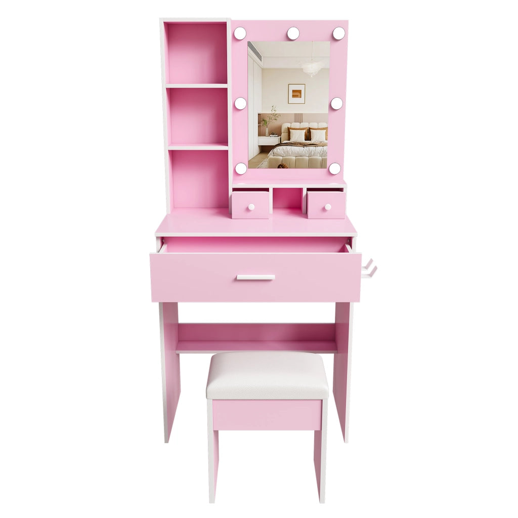 TOELETTA con specchio LED, presa e sgabello, 60 x 131,5 x 38 cm, MDF rosa