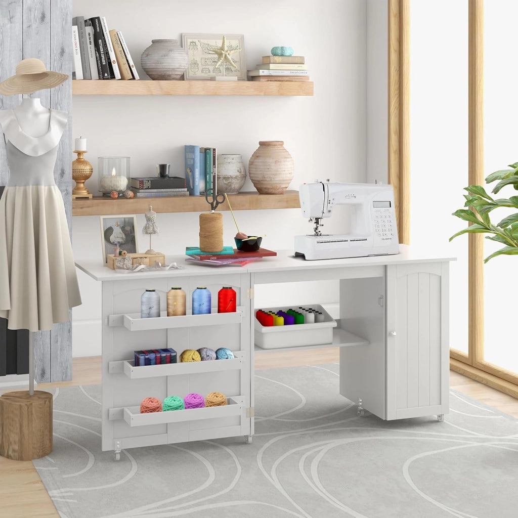 2 in 1 Mobiletto Cucito, Tavolo Cucire Pieghevole, con 4 Ruote, Armadio Versatile in Legno, per Salone/Salotto/Ufficio, Carico di 55kg, 158,5x50x74cm (Bianco)