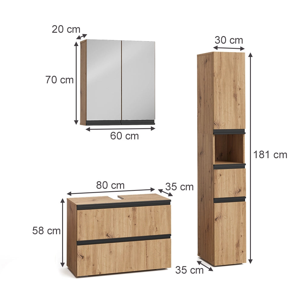 Vicco Set di mobili da bagno Artigiano 3 parti, con colonna