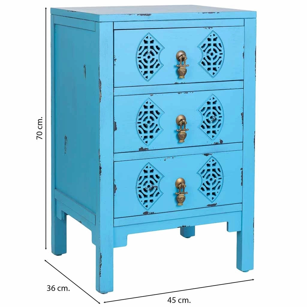 Mesita de madera con 3 cajones azul 45x36x70