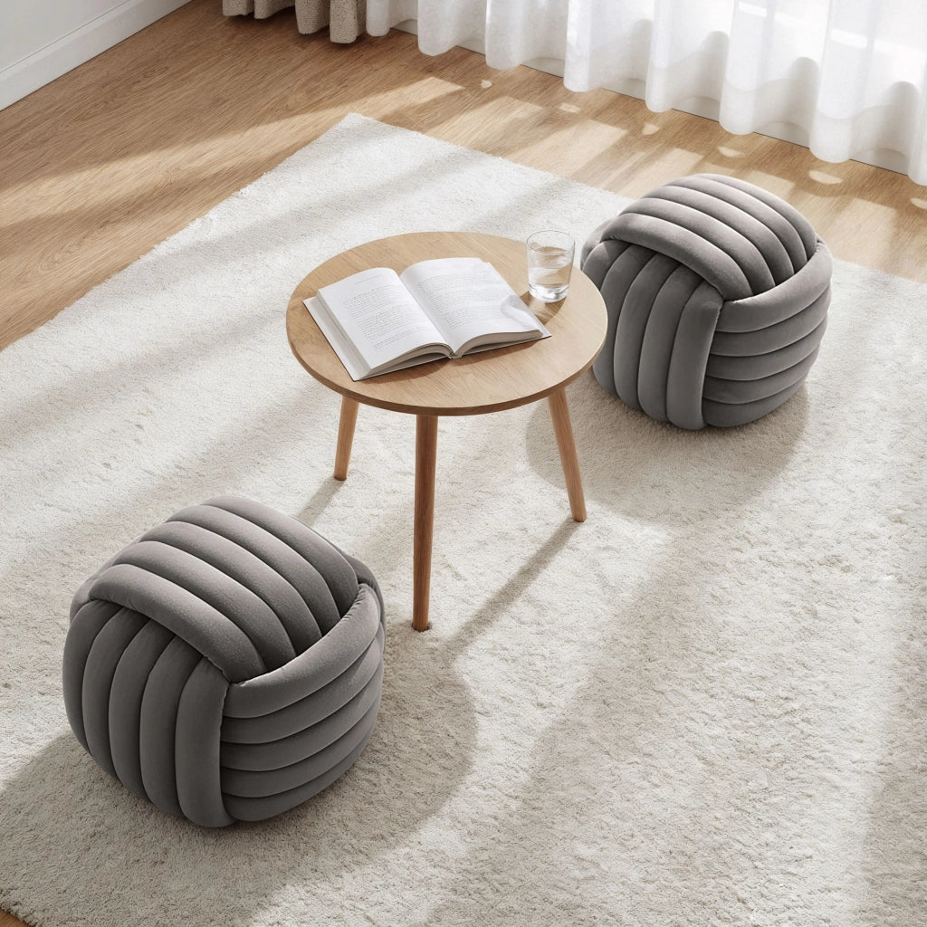 Pouf annodato in velluto 53 cm NILO Grigio Chiaro