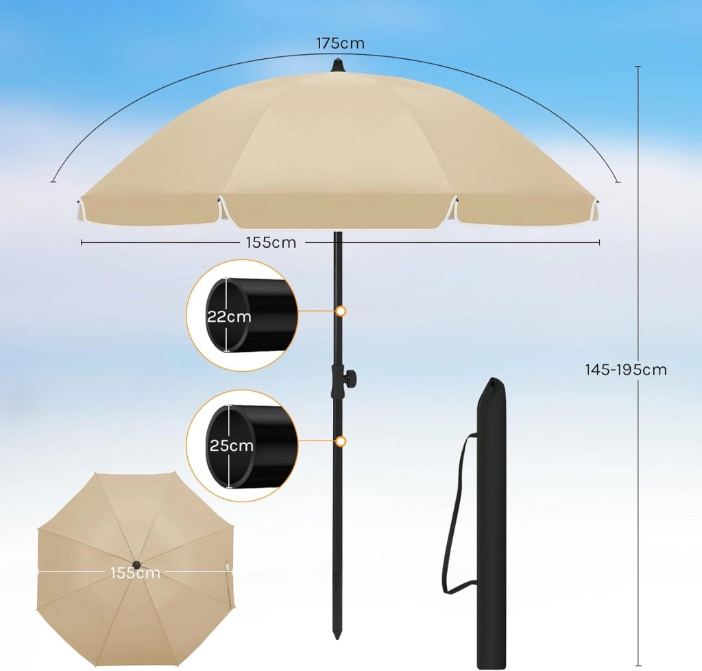 Ombrellone da Spiaggia, Ombrellone da Giardino con Funzione di Inclinazione e Altezza Regolabile, Tessuto Resistente ai Raggi UV da 180 gsm, Rotondo da 1,55 m Taupe