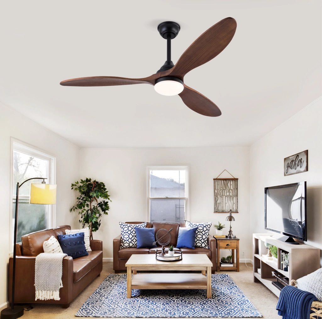 Ventilatore da soffitto da 52 pollici con luce LED; 3 pale in legno massiccio; nero e noce scuro