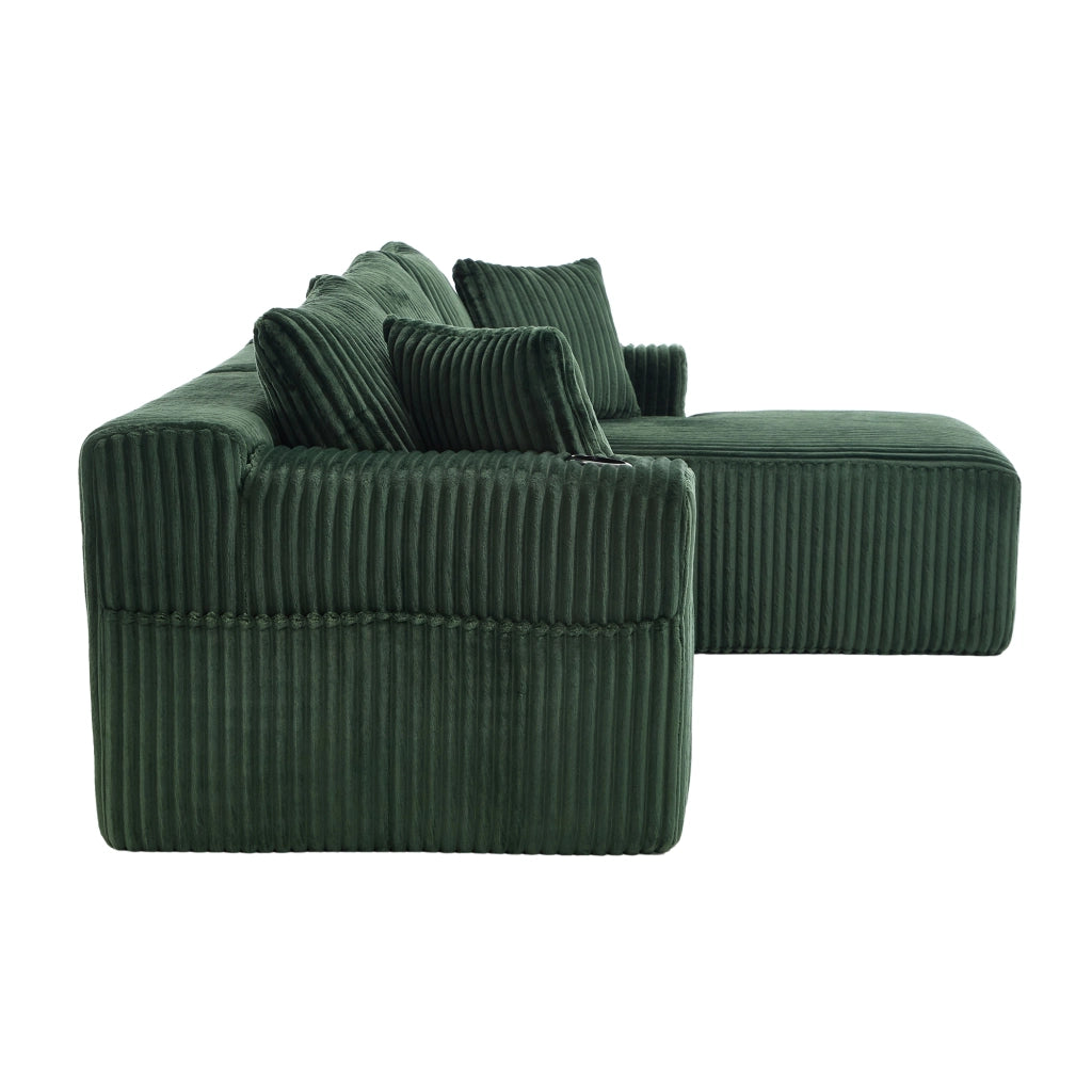 Divano modulare con chaise longue e 2 posti con tasche laterali, porta bicchieri e 5 cuscini, in velluto a coste, Verde Smeraldo