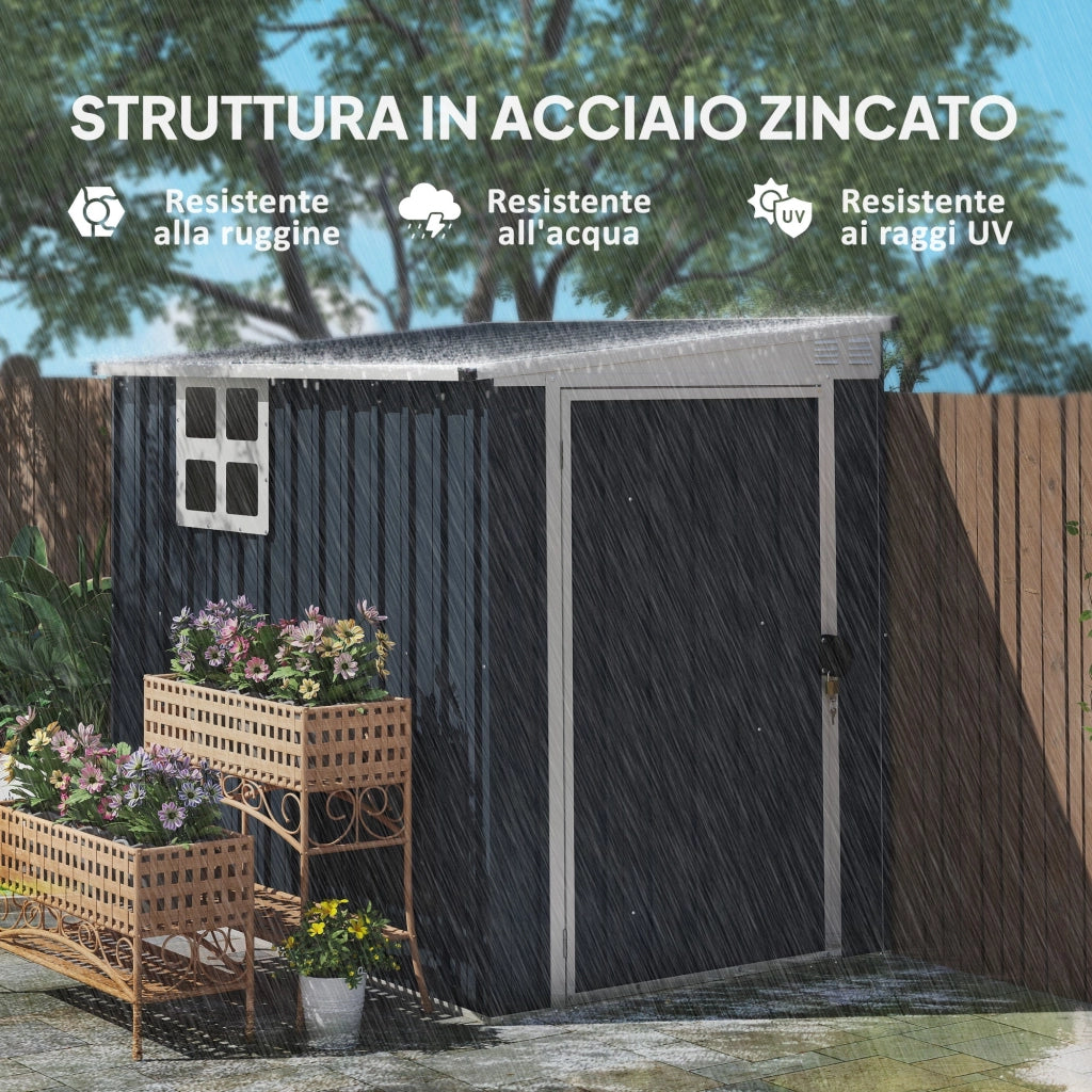 Casetta da Giardino con Finestra 128x193x161-181H cm con Serratura e Chiavi Incluse in Acciaio Grigio Scuro