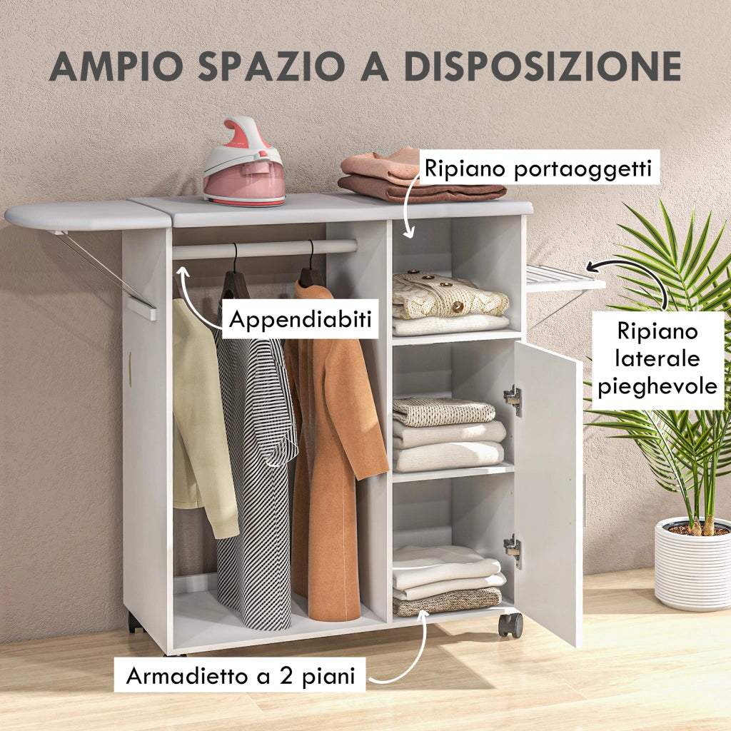 EasyComfort Mobile Asse da Stiro con Piano d'Appoggio, 3 Ripiani a Cubo e Guida, 127x42.5x99cm, Bianco