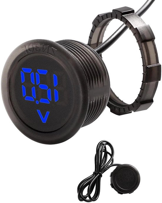 Voltmetro Digitale 5V-100V DC - Impermeabile - Monitor di Tensione a 2 Filari per Motocicletta, Barca, Caravan - Blu