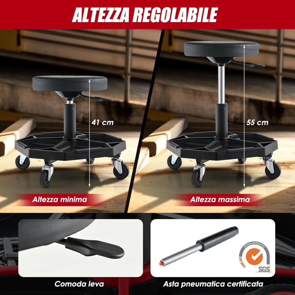 COSTWAY Sgabello da Officina con Ruote, con Ripiano per Attrezzi e Viti, Portata di 150 kg, Altezza Regolabile e Girevole, Sedia Meccanico per Garage, Officina (Nero)