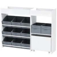 Mobile Portagiochi per Bambini con 11 Cestini in Tessuto, Armadietto e Ripiani, 105x30x80 cm, Bianco