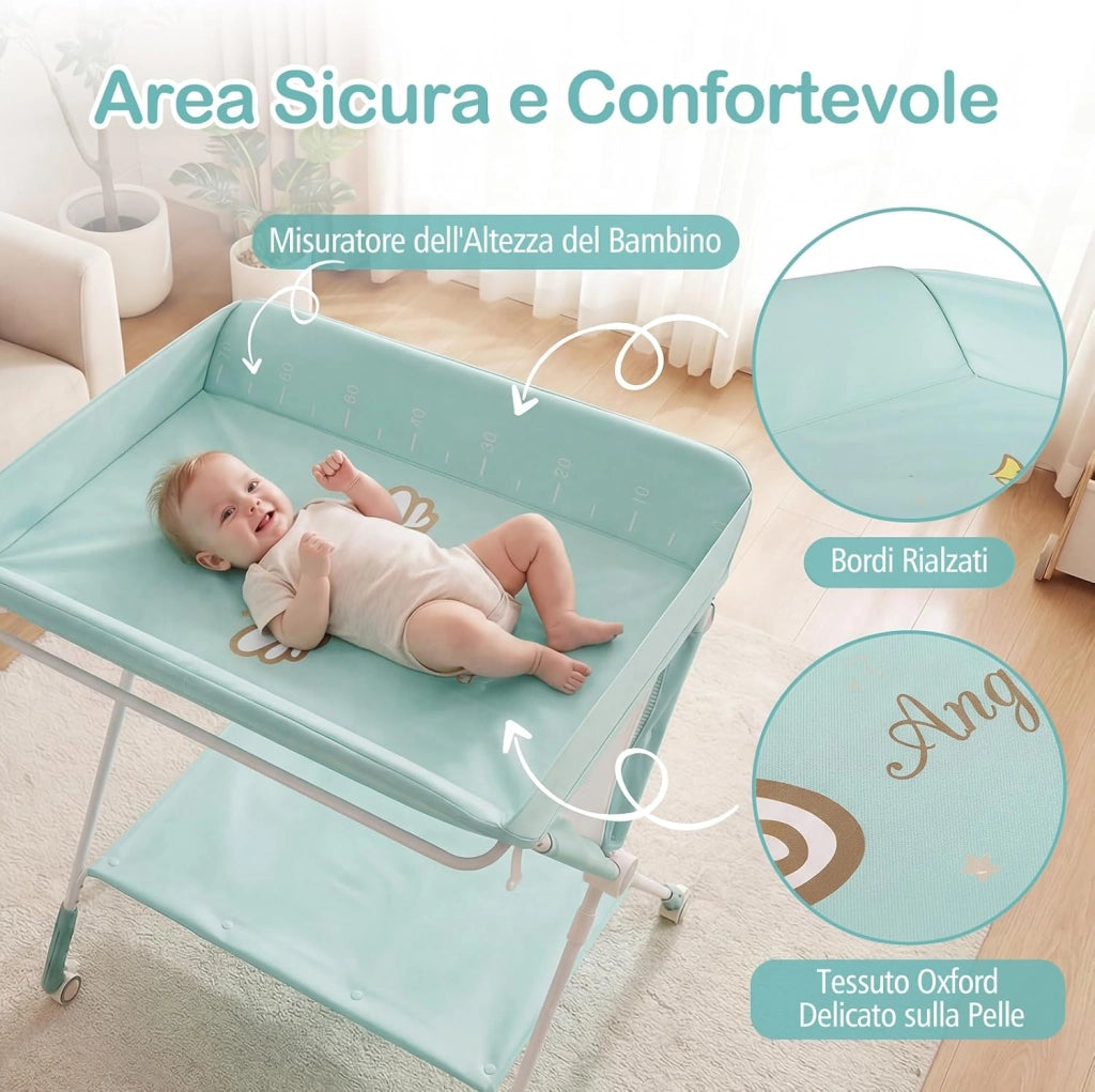 Fasciatoio Pieghevole per Bambini, Fasciatoio Portatile con Altezza Regolabile a 3 Livelli, Fasciatoio Neonato con Ruote di Bloccabili, Ripiano, Porta Asciugamani, per 0-12 Mesi (Verde)