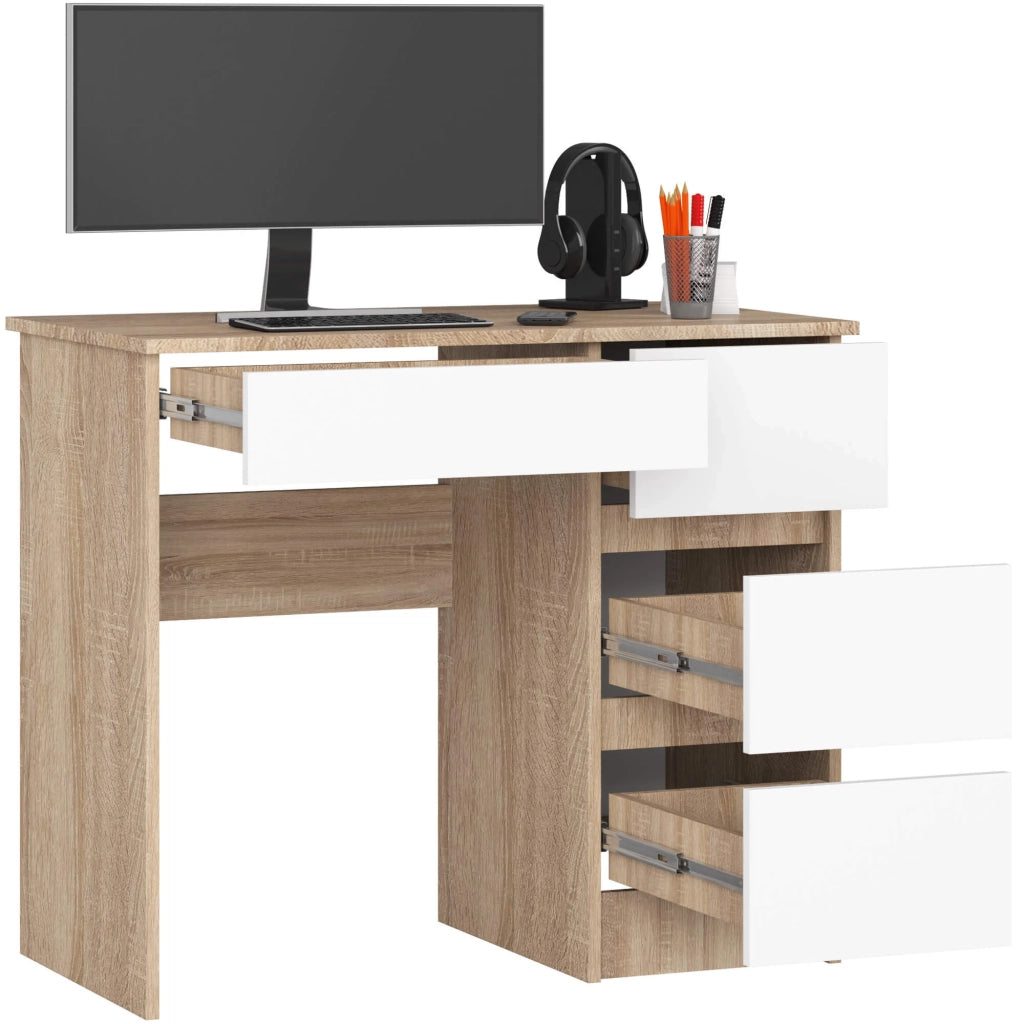 Scrivania per computer AKORD A7 Sonoma Quercia 90 cm 4 cassetti inserto frontale Bianco 90x50x77 cm Modello a destra