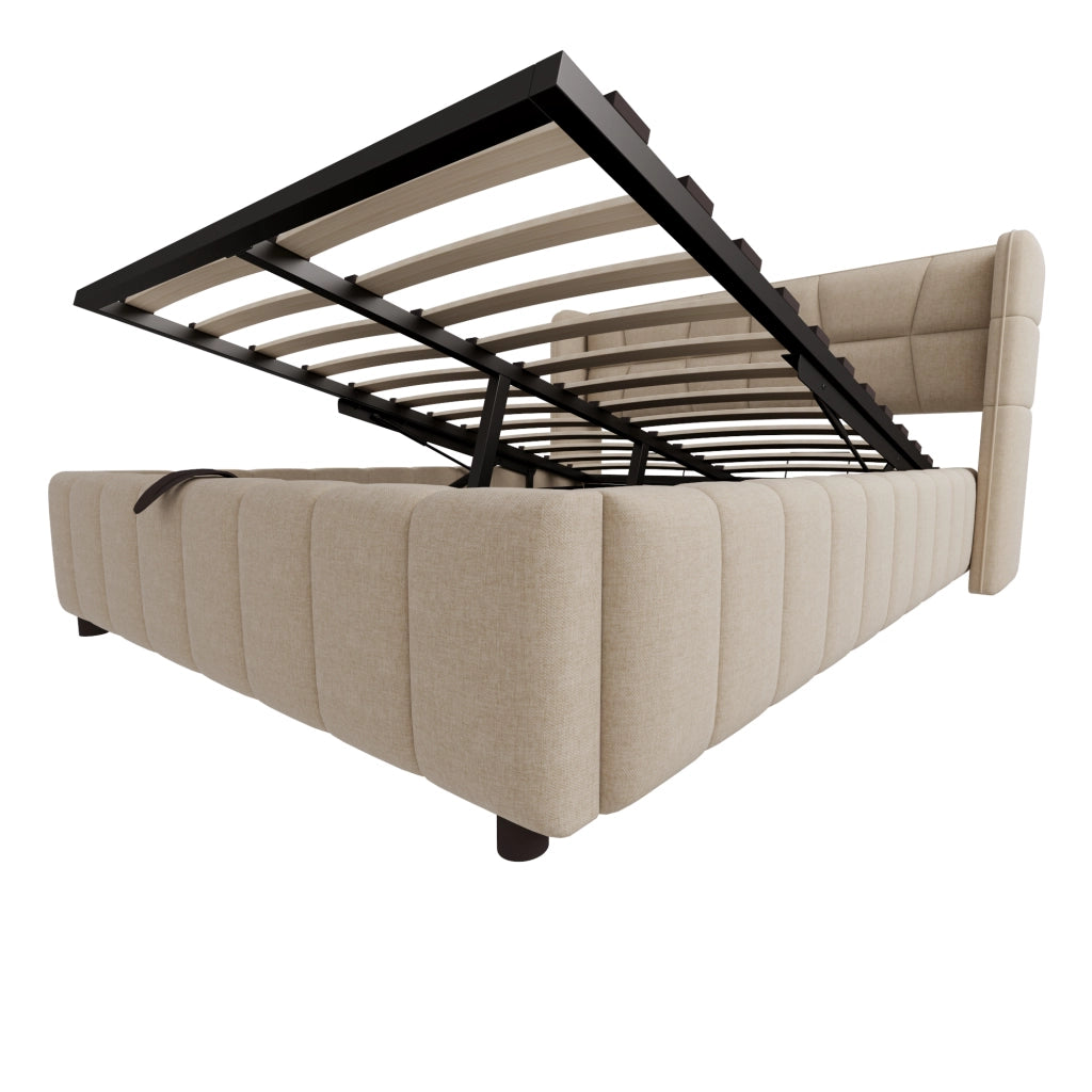 Letto matrimoniale 140 x 200 cm, testiera imbottita, vano portaoggetti, tessuto di lino, beige