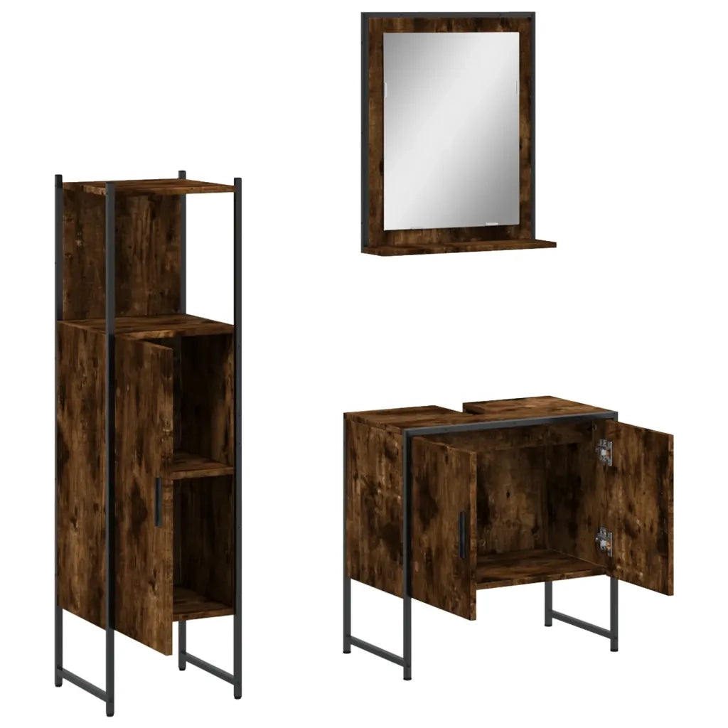Set Mobili da Bagno | Armadio da bagno 3 pz Rovere Fumo in Legno Multistrato